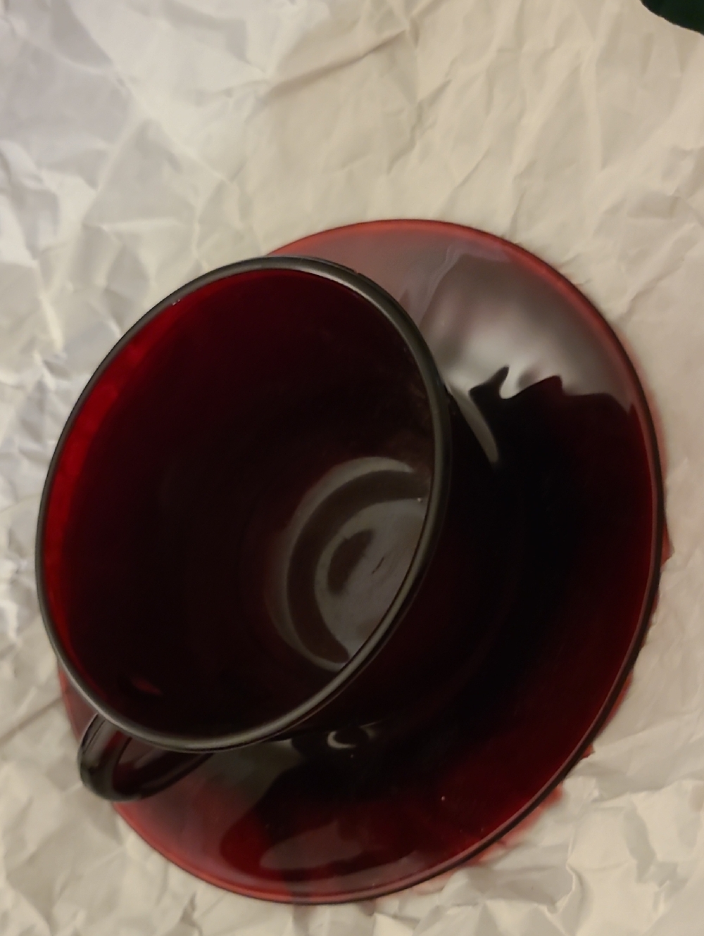 Deep Ruby Red Glass Teacup and Saucer